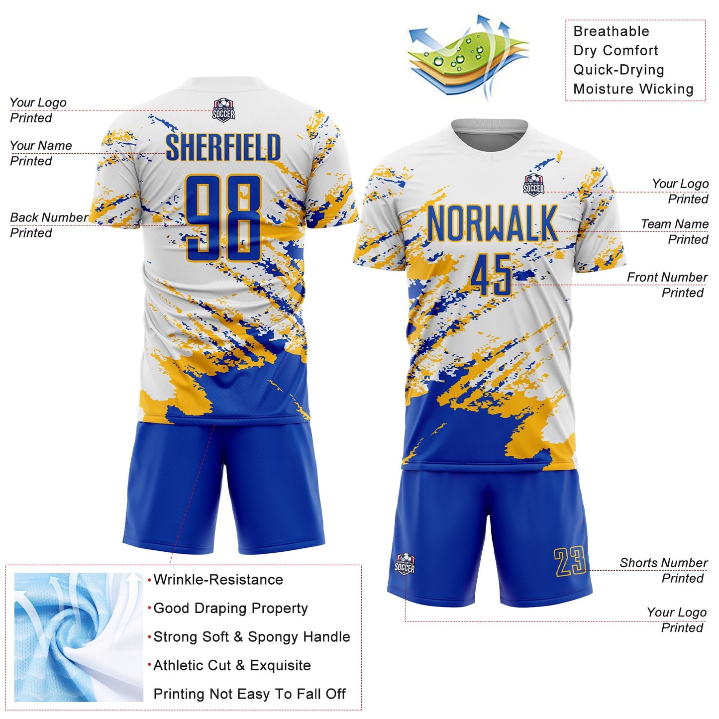 Custom White Thunder Blue-Gold Abstract Fragment Art Splash Sublimation Soccer Uniform Jersey view 4