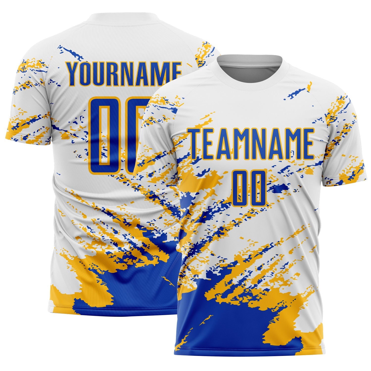 Custom White Thunder Blue-Gold Abstract Fragment Art Splash Sublimation Soccer Uniform Jersey - Main View