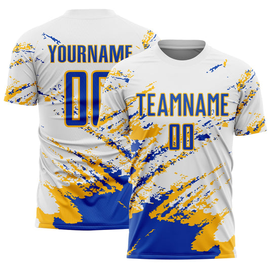 Custom White Thunder Blue-Gold Abstract Fragment Art Splash Sublimation Soccer Uniform Jersey - Main View