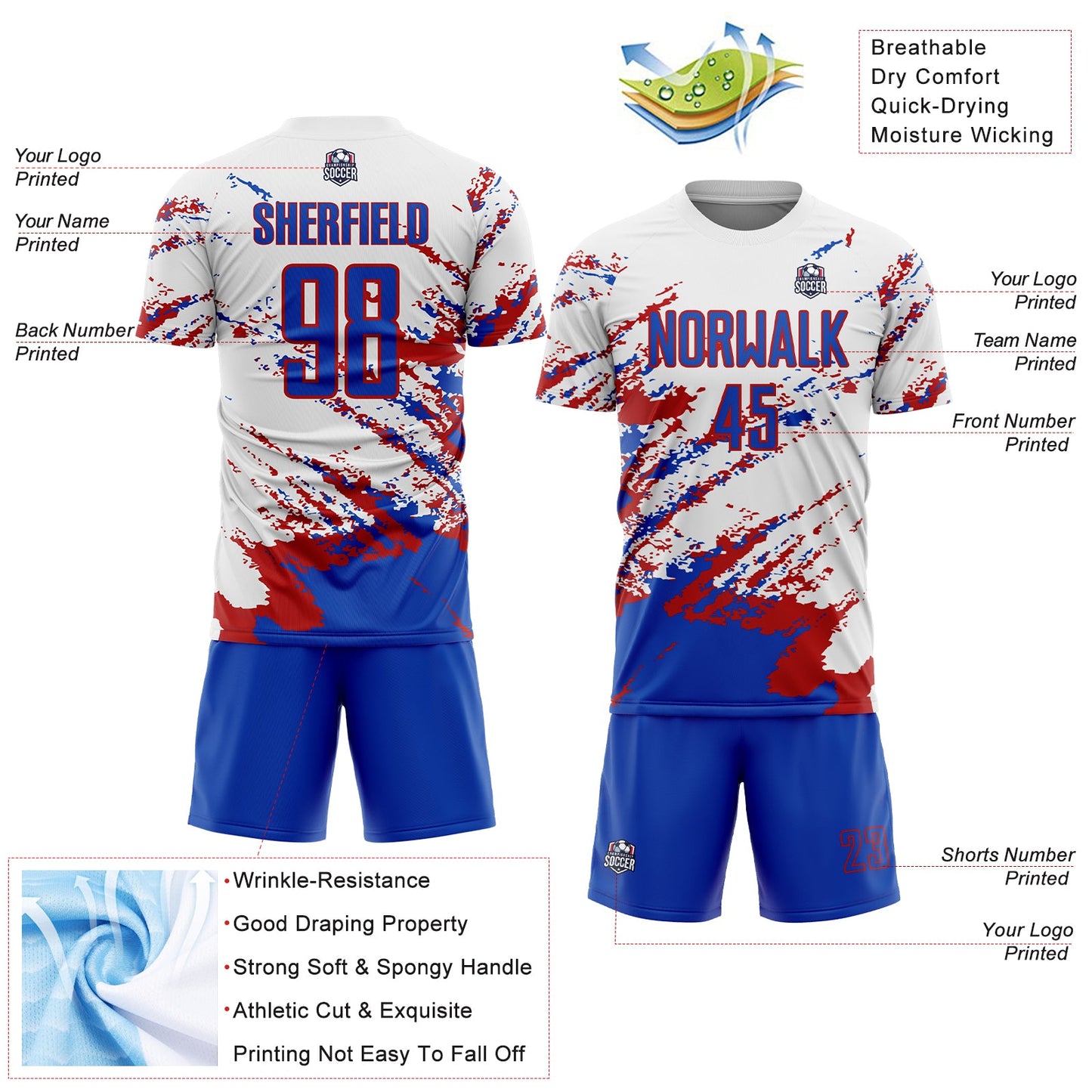 Custom White Thunder Blue-Red Abstract Fragment Art Splash Sublimation Soccer Uniform Jersey view 4