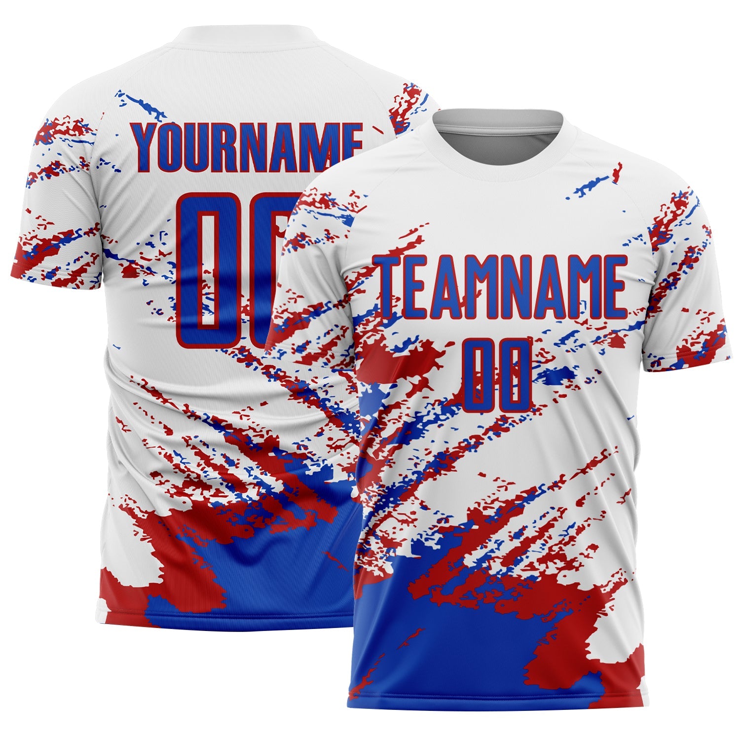 Custom White Thunder Blue-Red Abstract Fragment Art Splash Sublimation Soccer Uniform Jersey - Main View