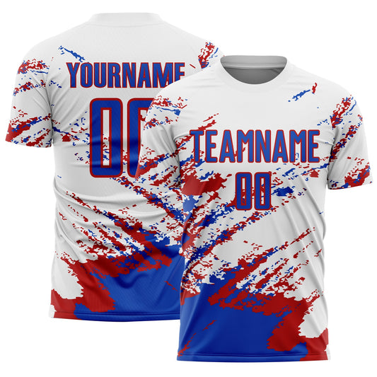 Custom White Thunder Blue-Red Abstract Fragment Art Splash Sublimation Soccer Uniform Jersey - Main View