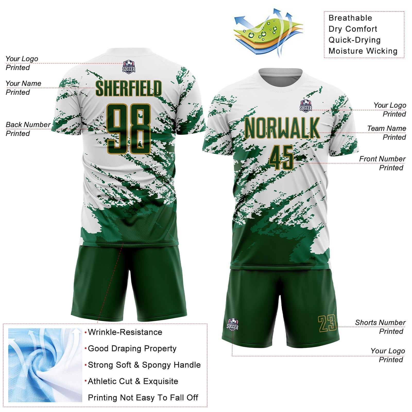 Custom White Green Kelly Green-Gold Abstract Fragment Art Splash Sublimation Soccer Uniform Jersey view 4