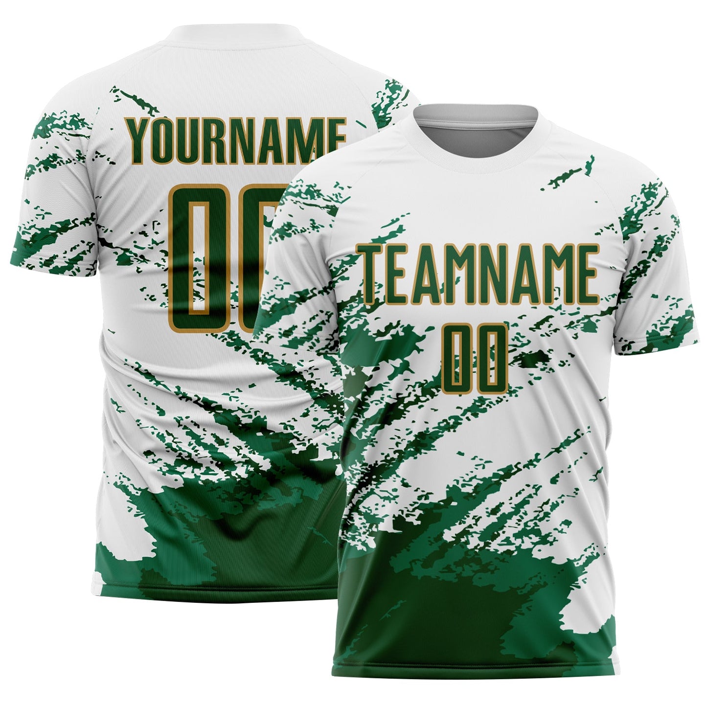 Custom White Green Kelly Green-Gold Abstract Fragment Art Splash Sublimation Soccer Uniform Jersey - Main View