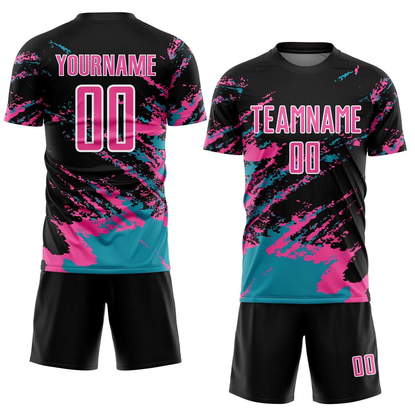 Custom Black Pink-Teal Abstract Fragment Art Splash Sublimation Soccer Uniform Jersey view 2