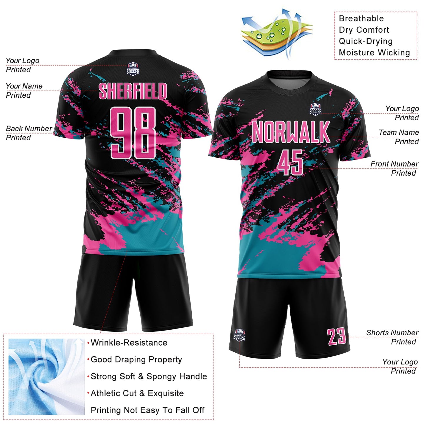 Custom Black Pink-Teal Abstract Fragment Art Splash Sublimation Soccer Uniform Jersey view 4