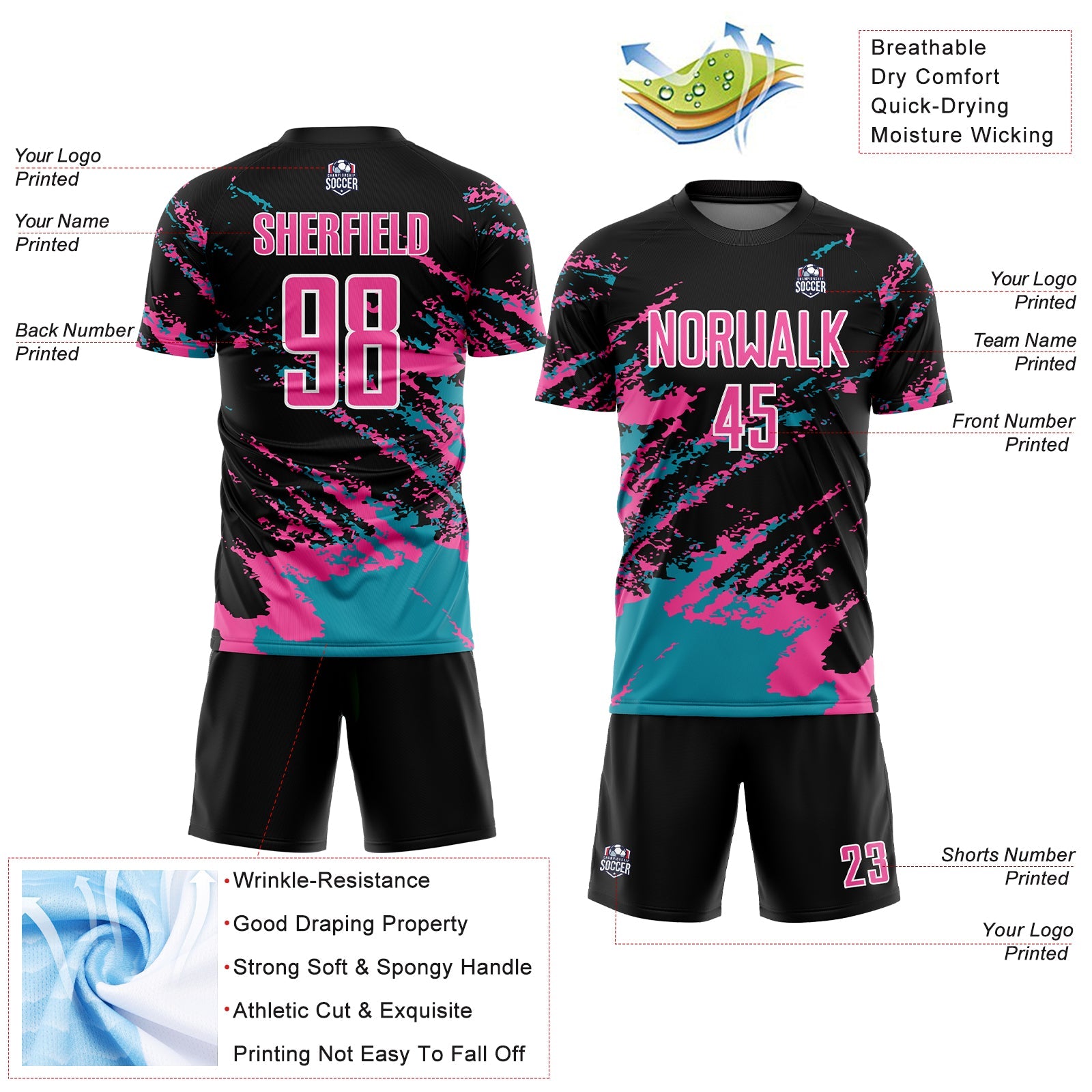 Custom Black Pink-Teal Abstract Fragment Art Splash Sublimation Soccer Uniform Jersey view 4
