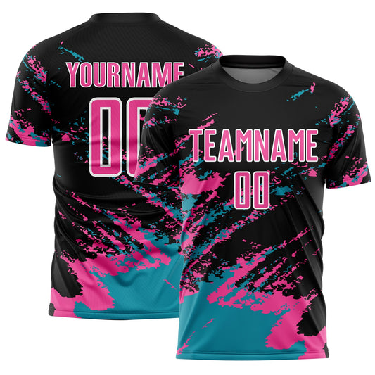 Custom Black Pink-Teal Abstract Fragment Art Splash Sublimation Soccer Uniform Jersey - Main View