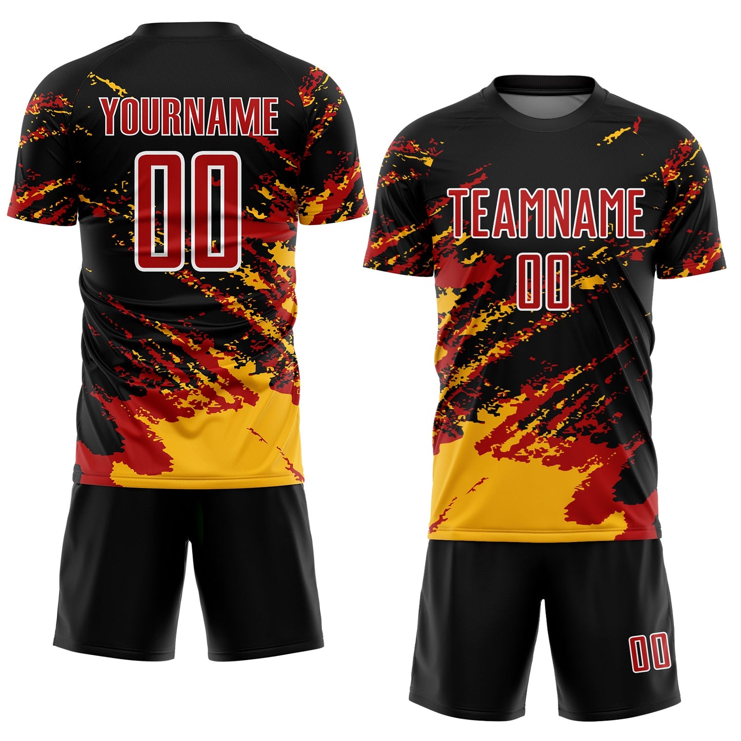 Custom Black Red-Gold Abstract Fragment Art Splash Sublimation Soccer Uniform Jersey view 2