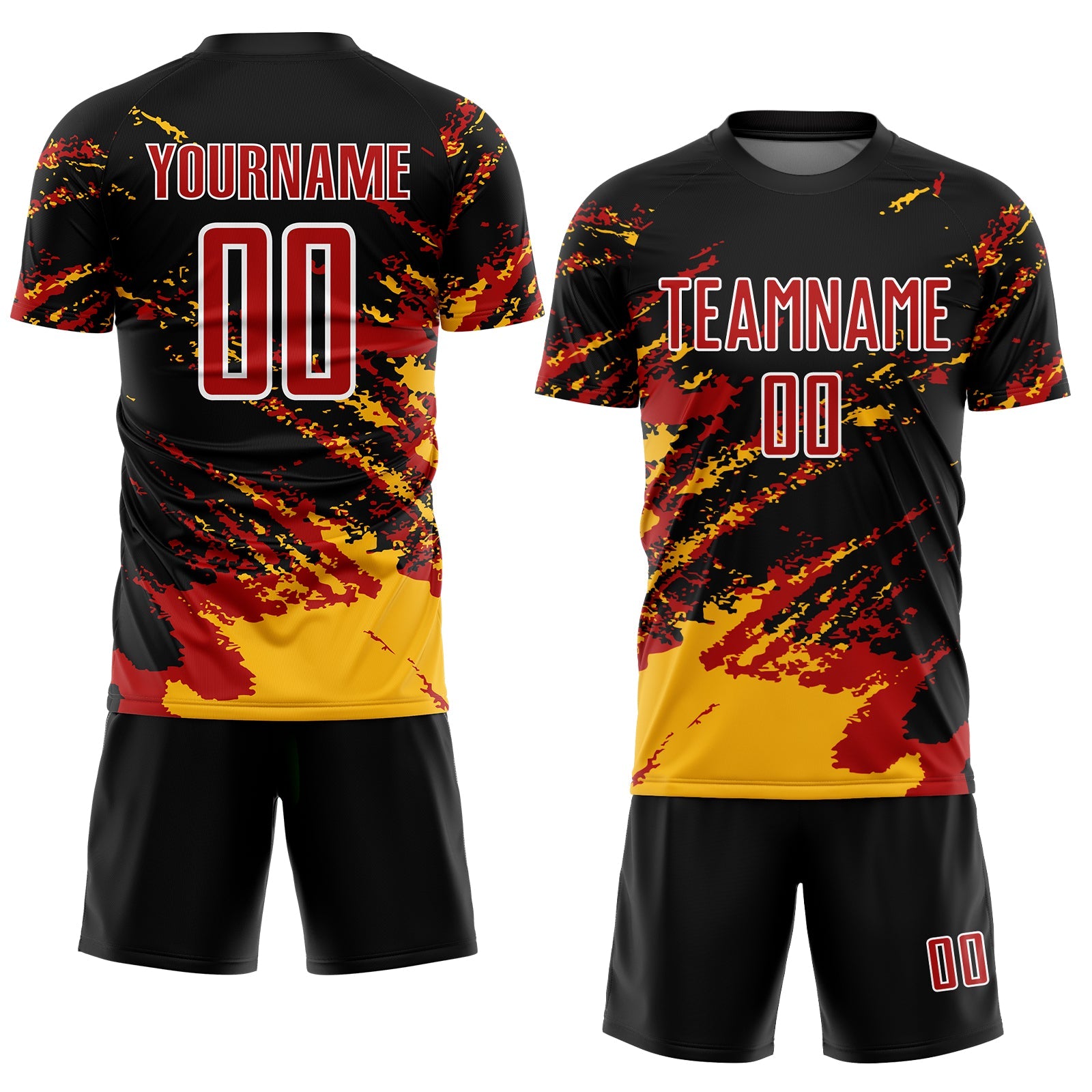 Custom Black Red-Gold Abstract Fragment Art Splash Sublimation Soccer Uniform Jersey view 2