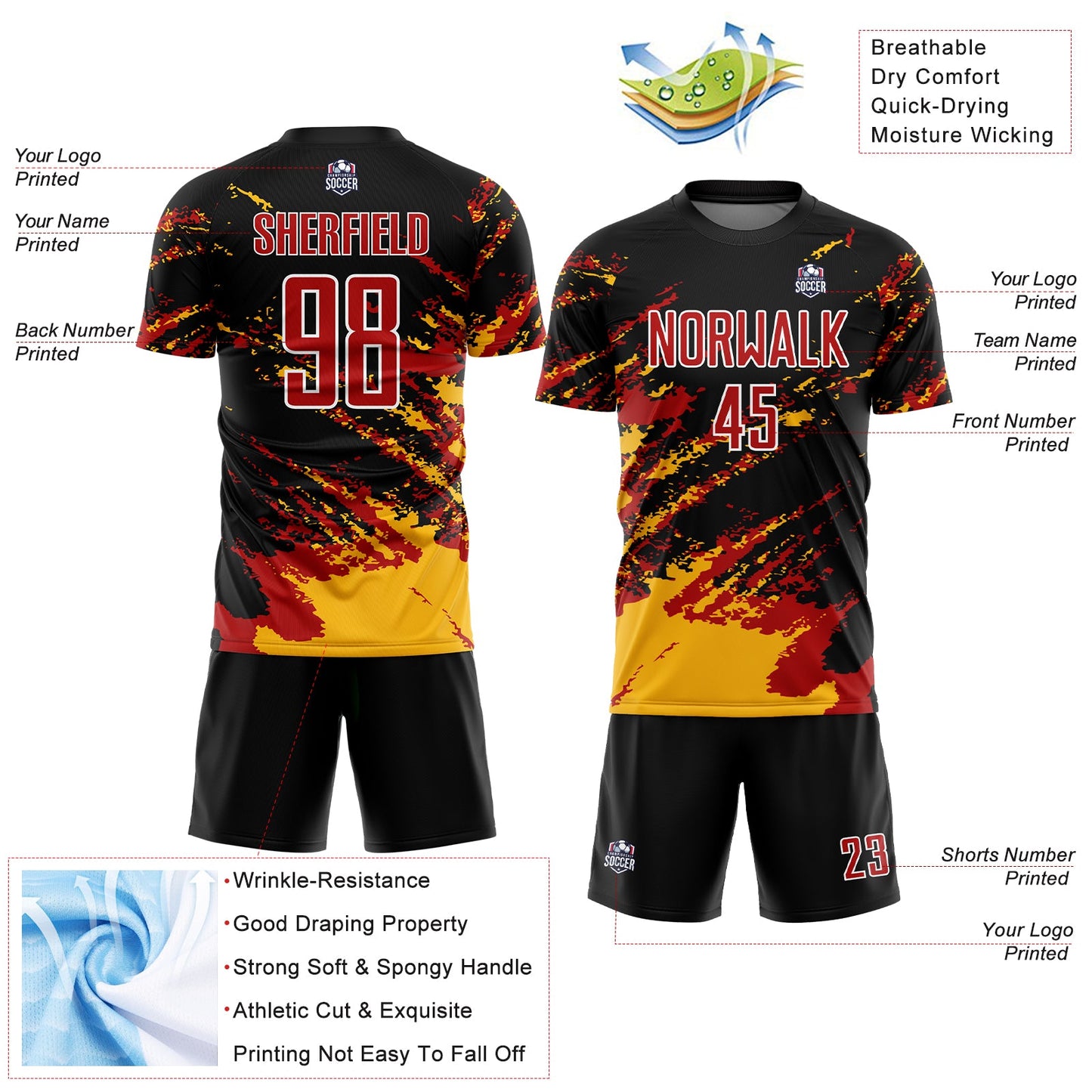 Custom Black Red-Gold Abstract Fragment Art Splash Sublimation Soccer Uniform Jersey view 4