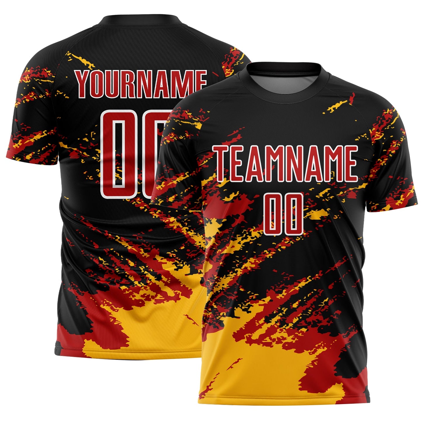 Custom Black Red-Gold Abstract Fragment Art Splash Sublimation Soccer Uniform Jersey - Main View