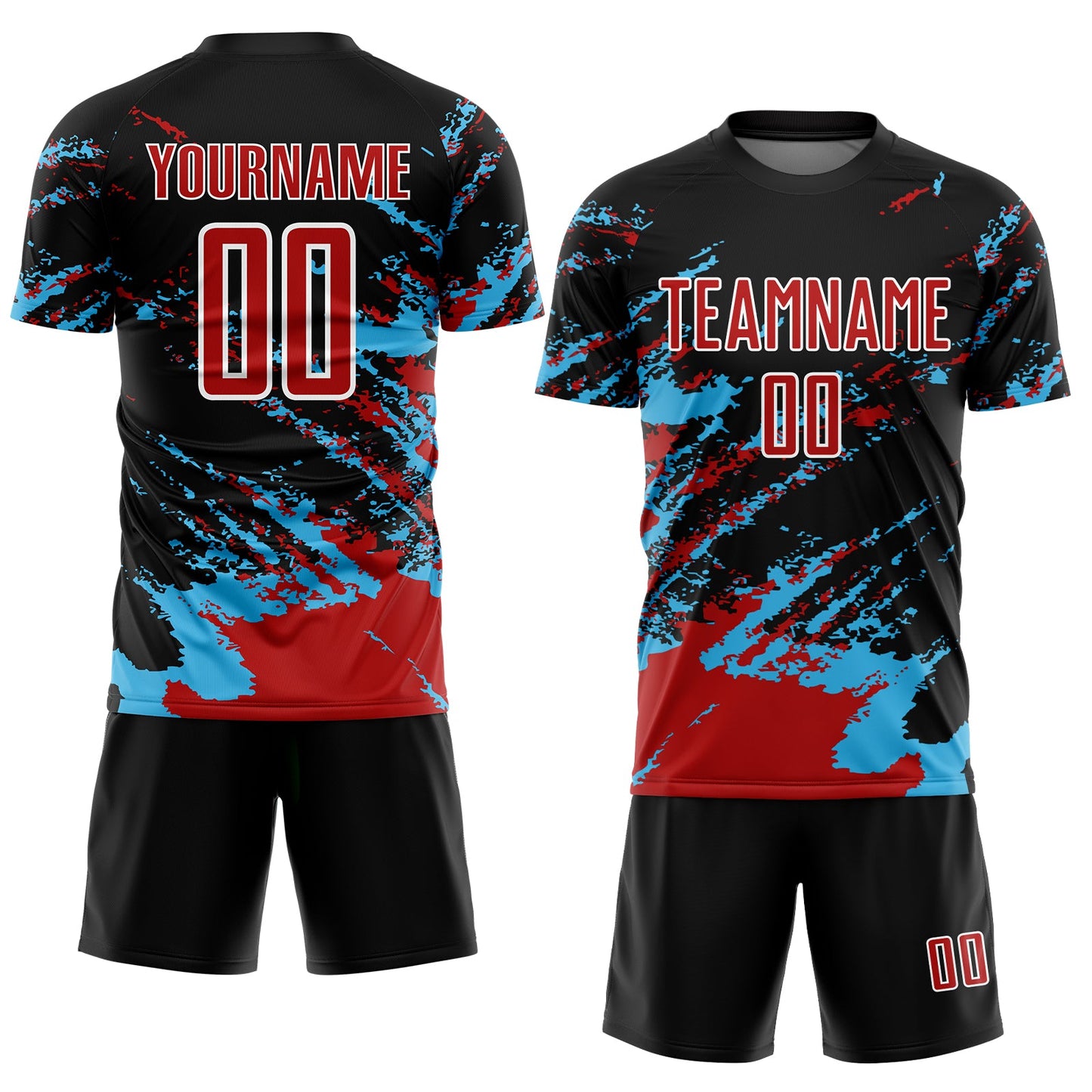 Custom Black Red-Sky Blue Abstract Fragment Art Splash Sublimation Soccer Uniform Jersey view 2