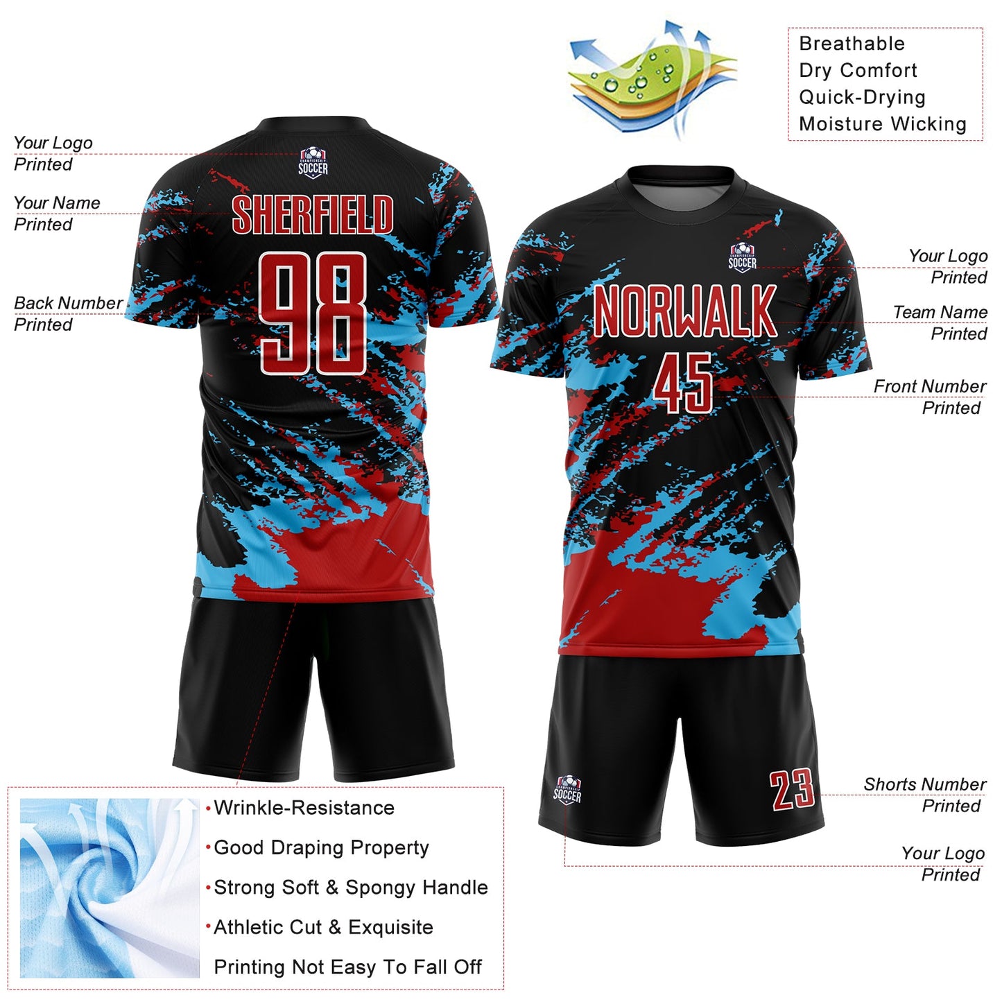 Custom Black Red-Sky Blue Abstract Fragment Art Splash Sublimation Soccer Uniform Jersey view 4