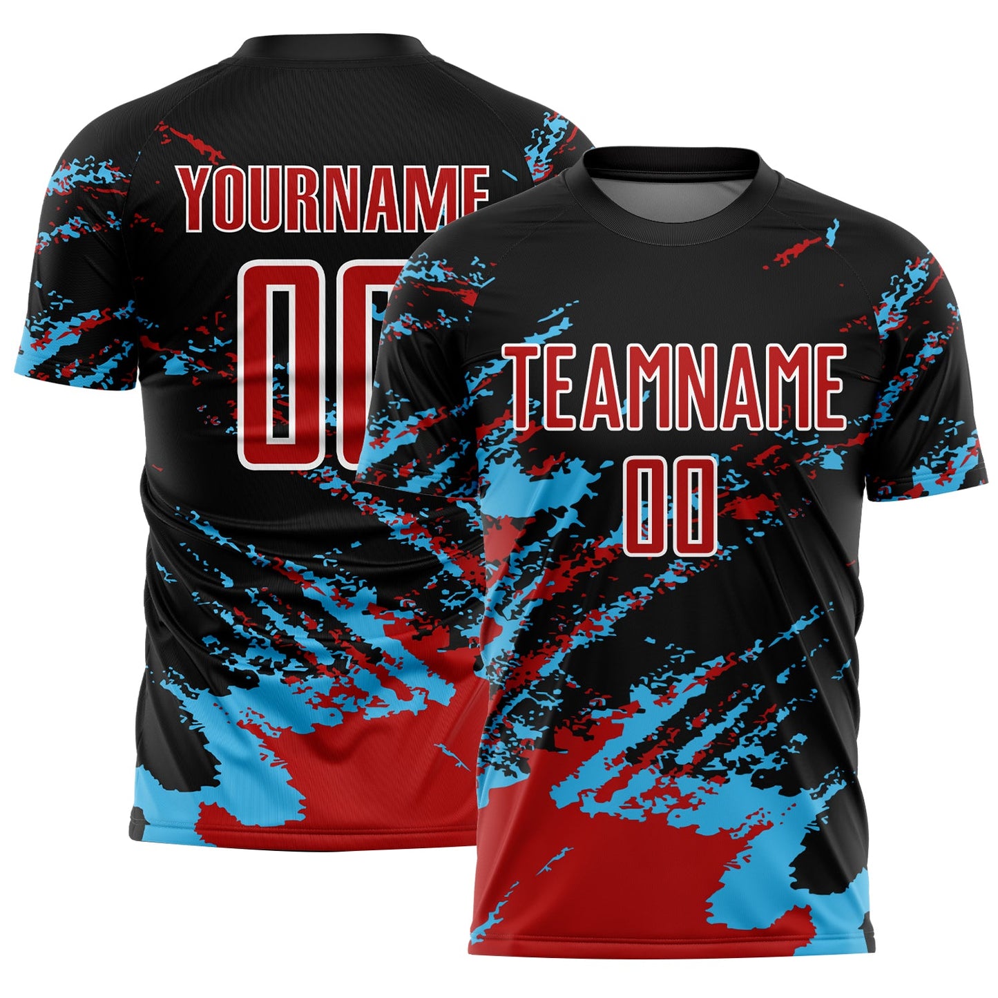 Custom Black Red-Sky Blue Abstract Fragment Art Splash Sublimation Soccer Uniform Jersey - Main View