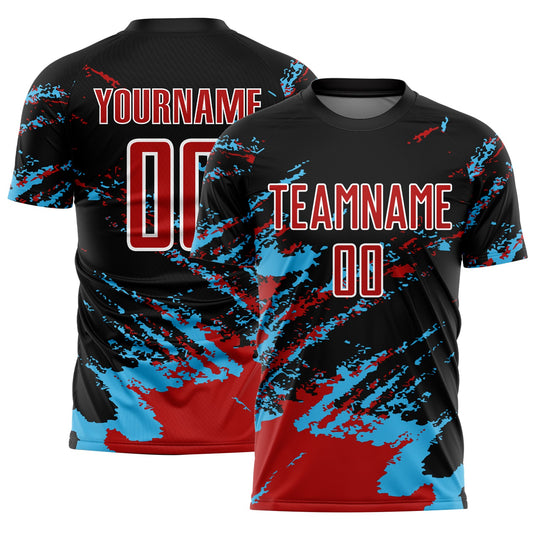 Custom Black Red-Sky Blue Abstract Fragment Art Splash Sublimation Soccer Uniform Jersey - Main View