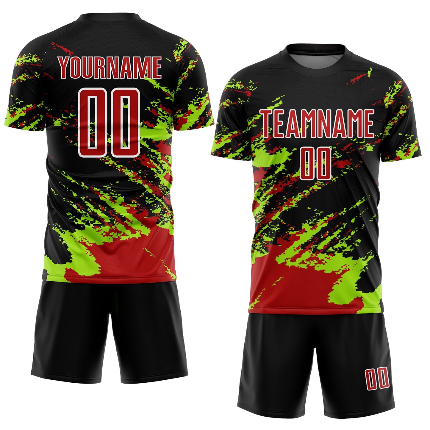 Custom Black Red-Neon Green Abstract Fragment Art Splash Sublimation Soccer Uniform Jersey view 2