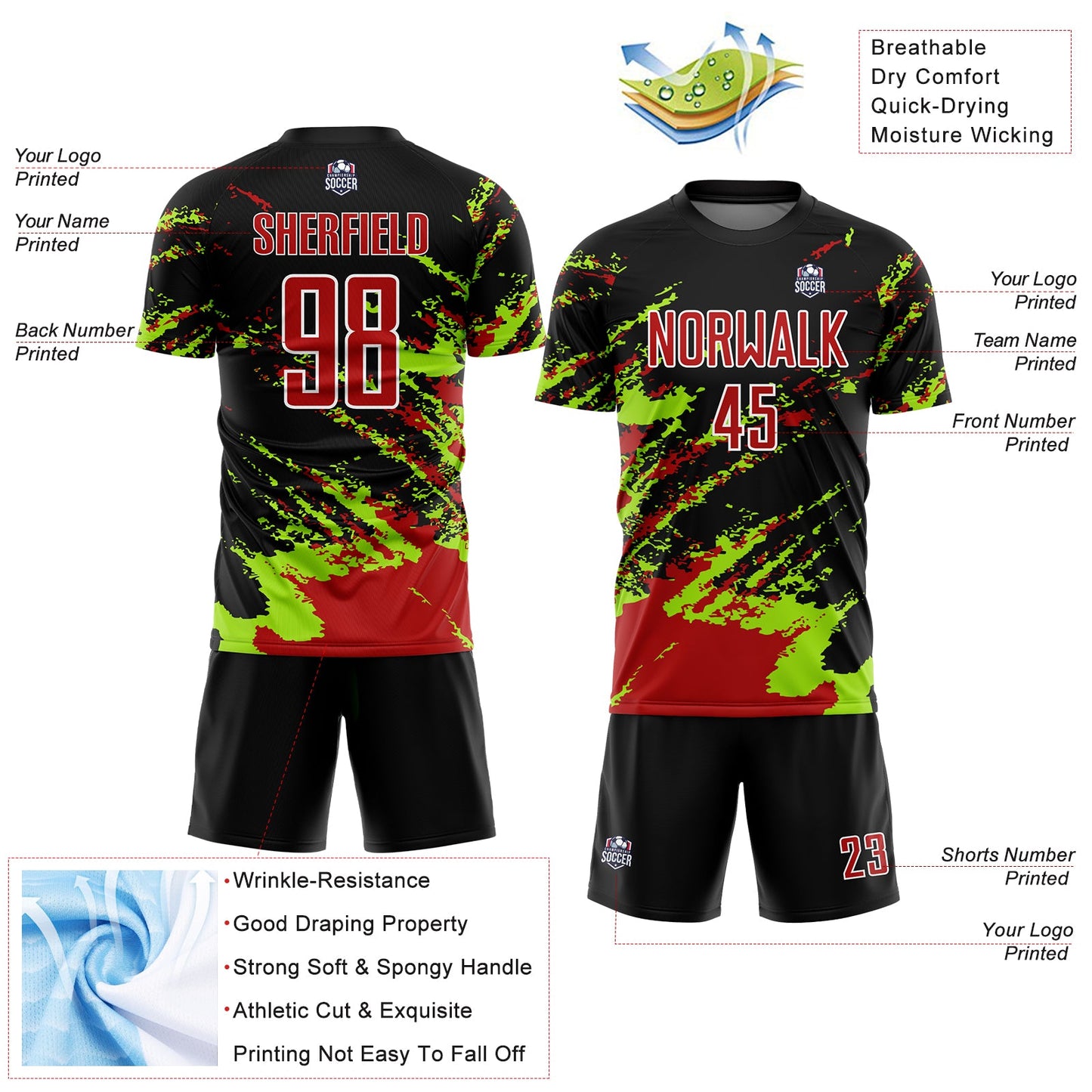 Custom Black Red-Neon Green Abstract Fragment Art Splash Sublimation Soccer Uniform Jersey view 4