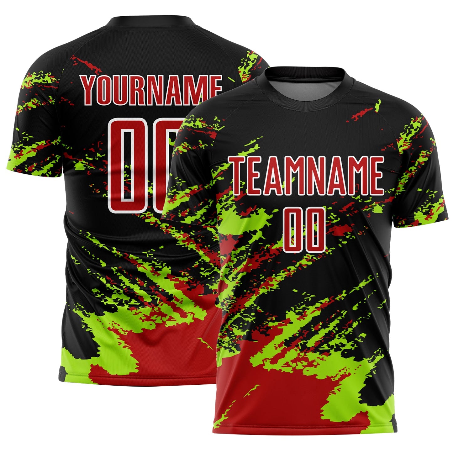 Custom Black Red-Neon Green Abstract Fragment Art Splash Sublimation Soccer Uniform Jersey - Main View