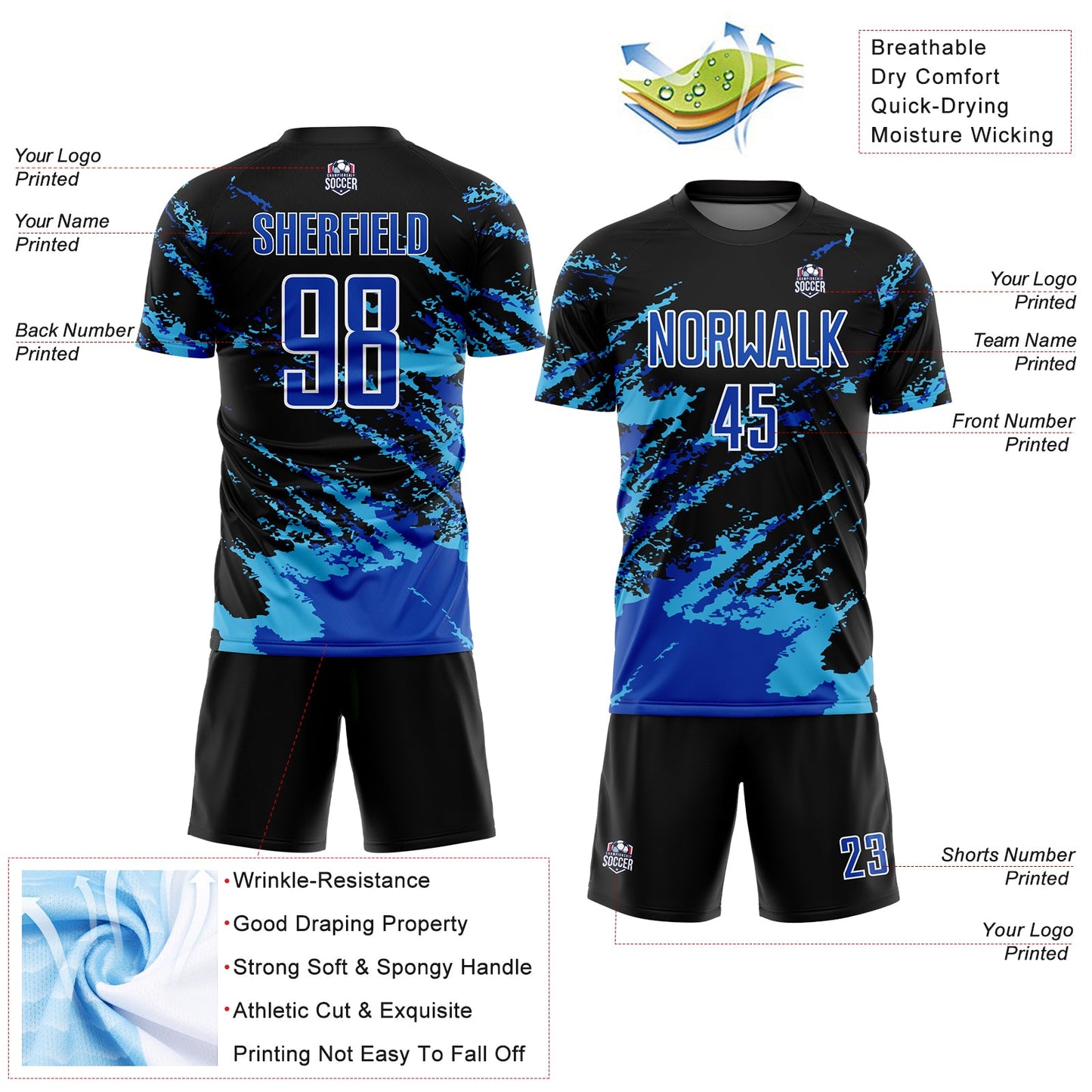 Custom Black Thunder Blue-Sky Blue Abstract Fragment Art Splash Sublimation Soccer Uniform Jersey view 4