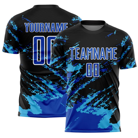Custom Black Thunder Blue-Sky Blue Abstract Fragment Art Splash Sublimation Soccer Uniform Jersey - Main View