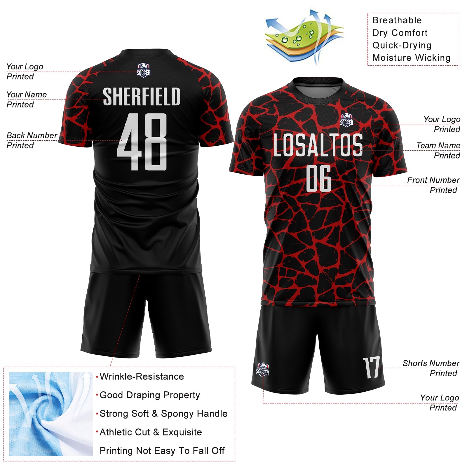 Custom Black White-Red Abstract Network Splash Sublimation Soccer Uniform Jersey view 4