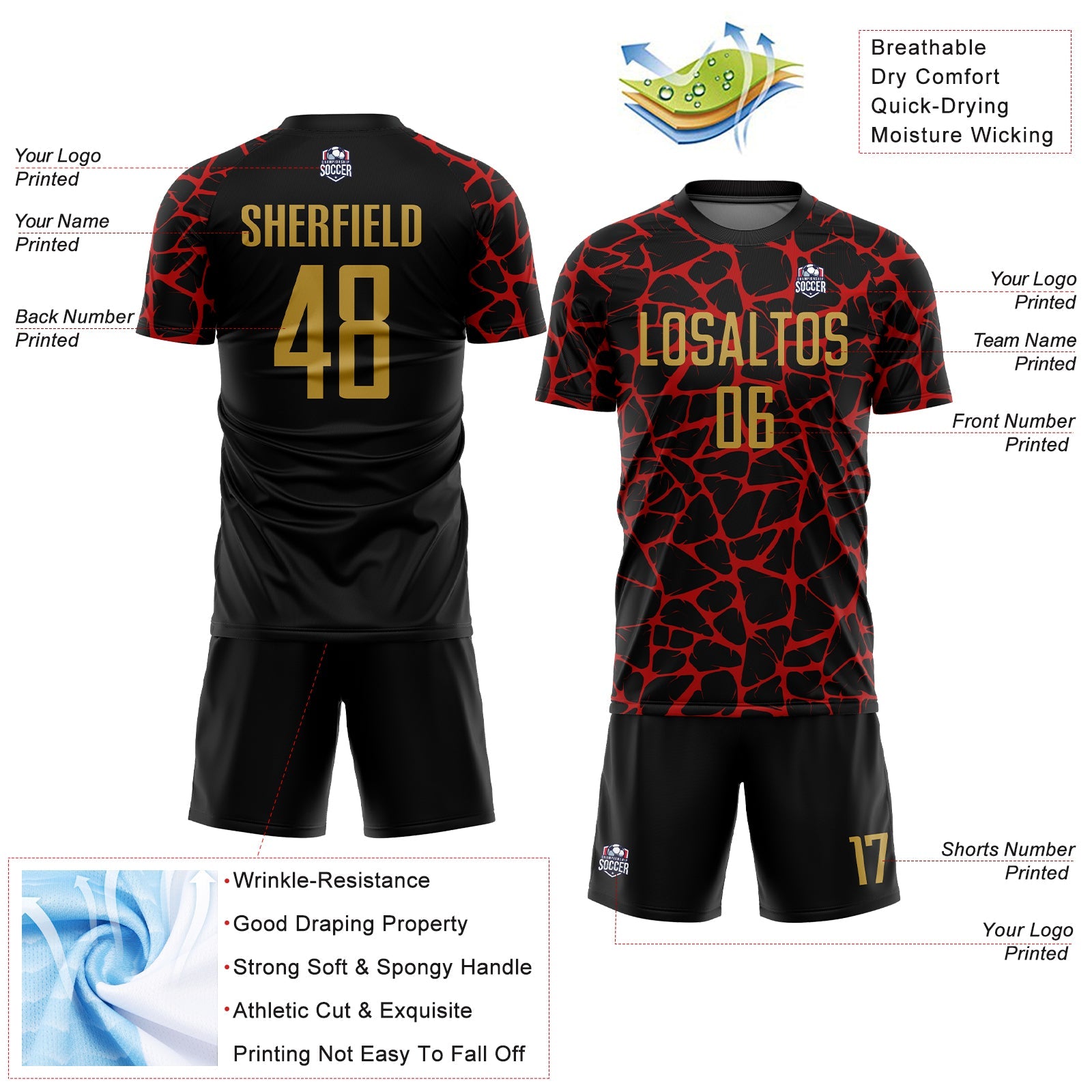 Custom Black Old Gold-Red Abstract Network Splash Sublimation Soccer Uniform Jersey view 4
