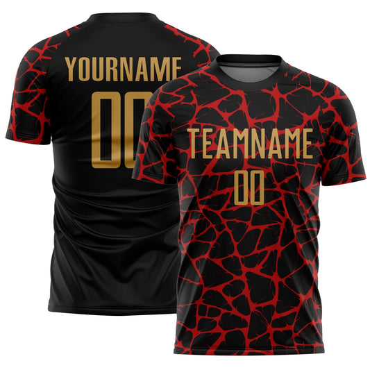 Custom Black Old Gold-Red Abstract Network Splash Sublimation Soccer Uniform Jersey - Main View