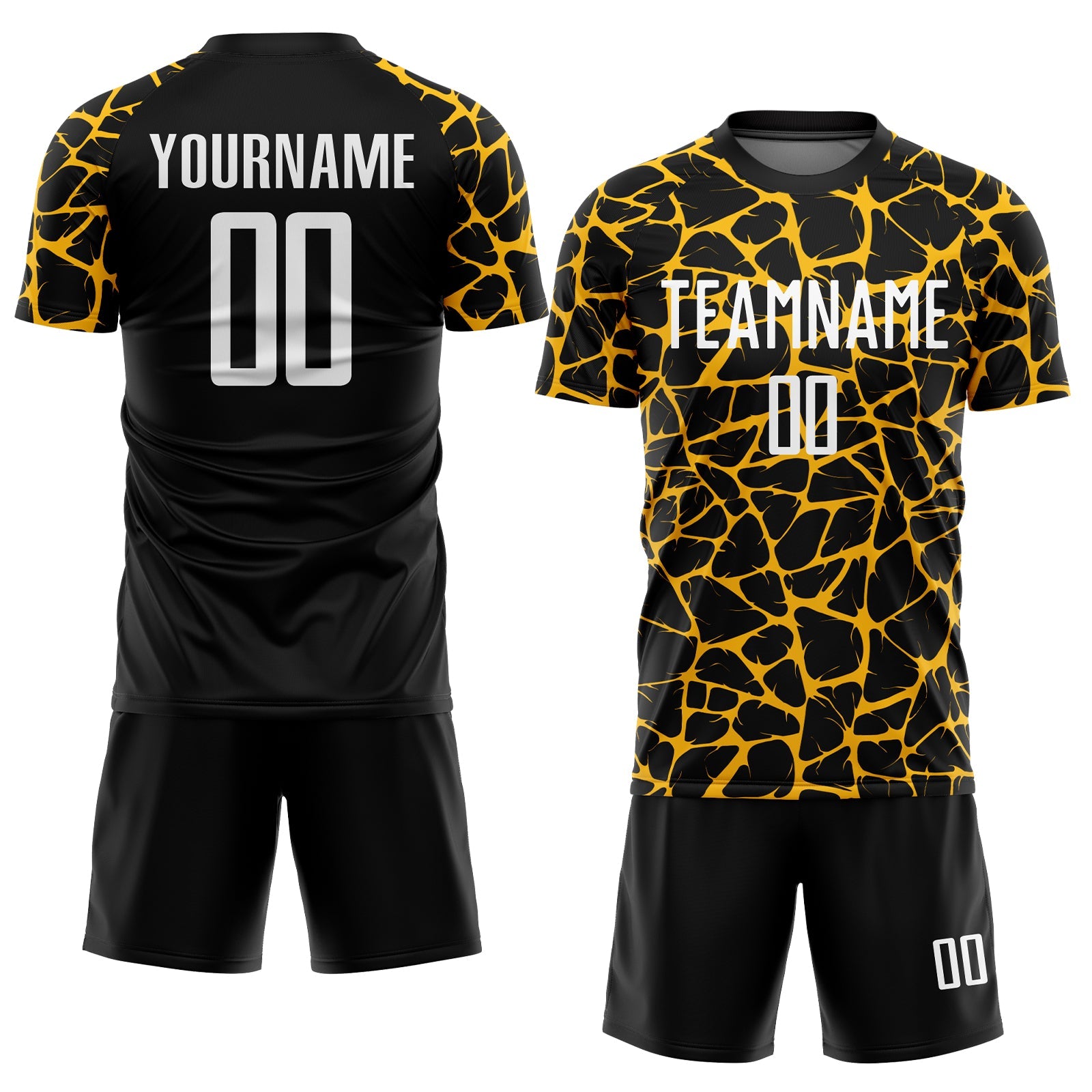 Custom Black White-Gold Abstract Network Splash Sublimation Soccer Uniform Jersey view 2
