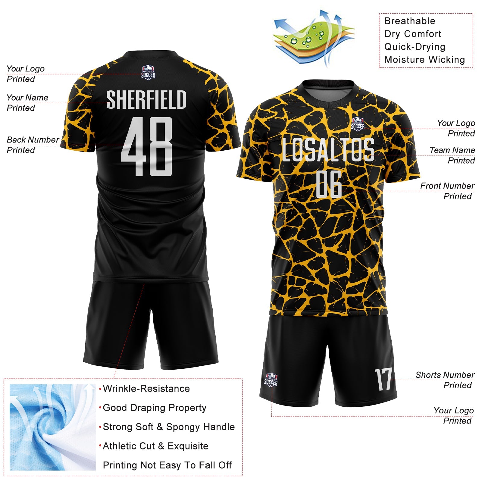 Custom Black White-Gold Abstract Network Splash Sublimation Soccer Uniform Jersey view 4