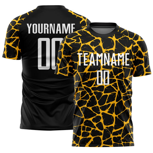 Custom Black White-Gold Abstract Network Splash Sublimation Soccer Uniform Jersey - Main View