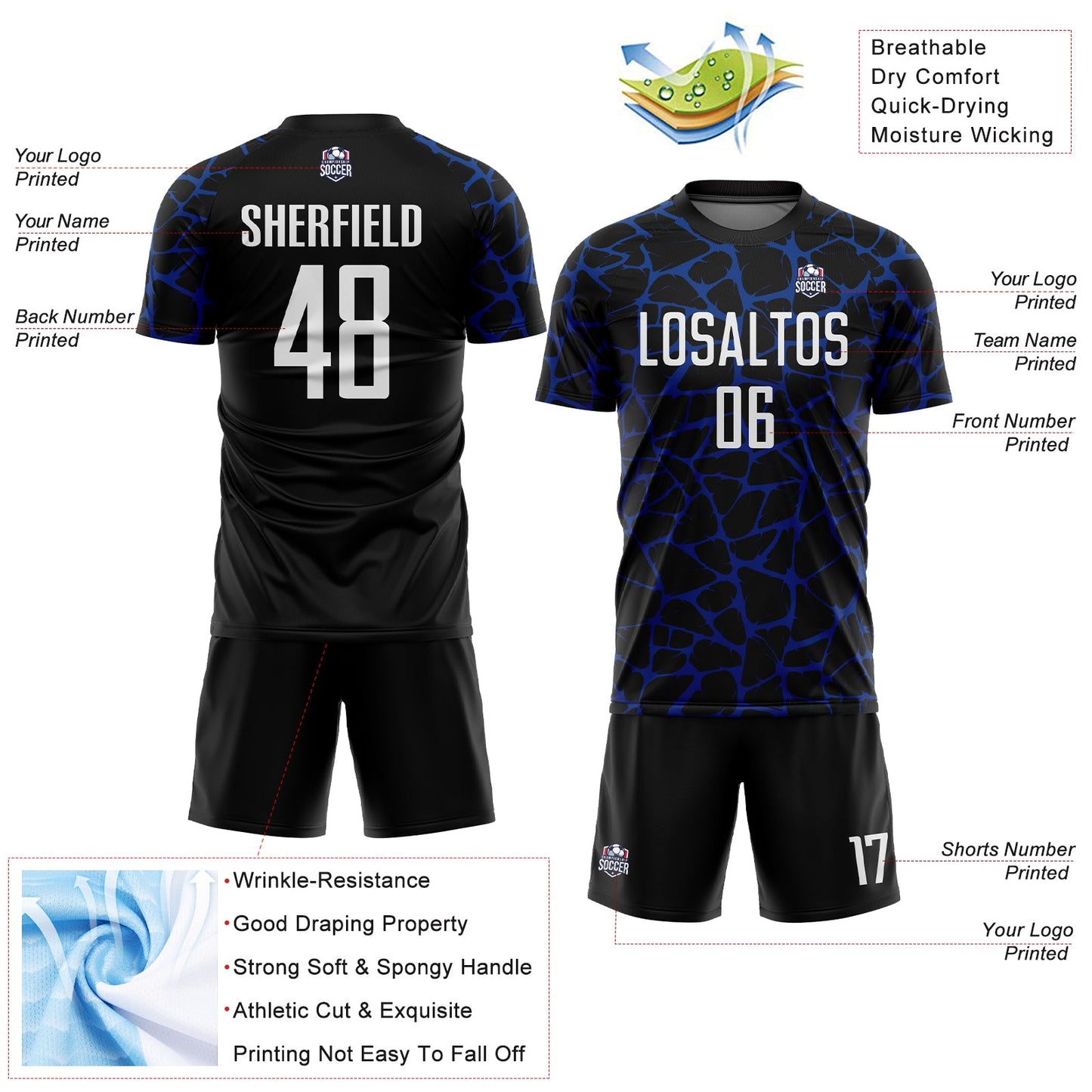 Custom Black White-Royal Abstract Network Splash Sublimation Soccer Uniform Jersey view 4
