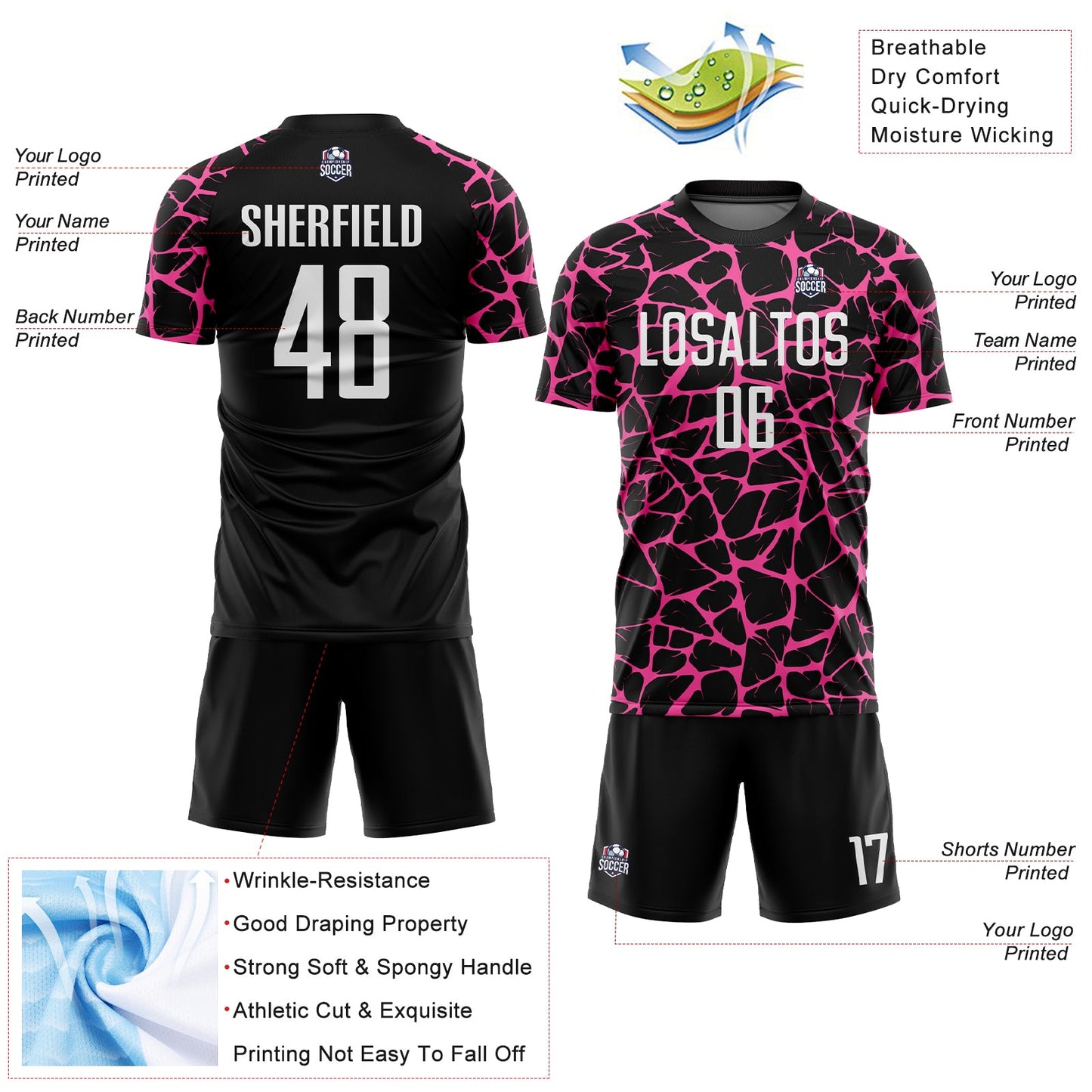 Custom Black White-Pink Abstract Network Splash Sublimation Soccer Uniform Jersey view 4