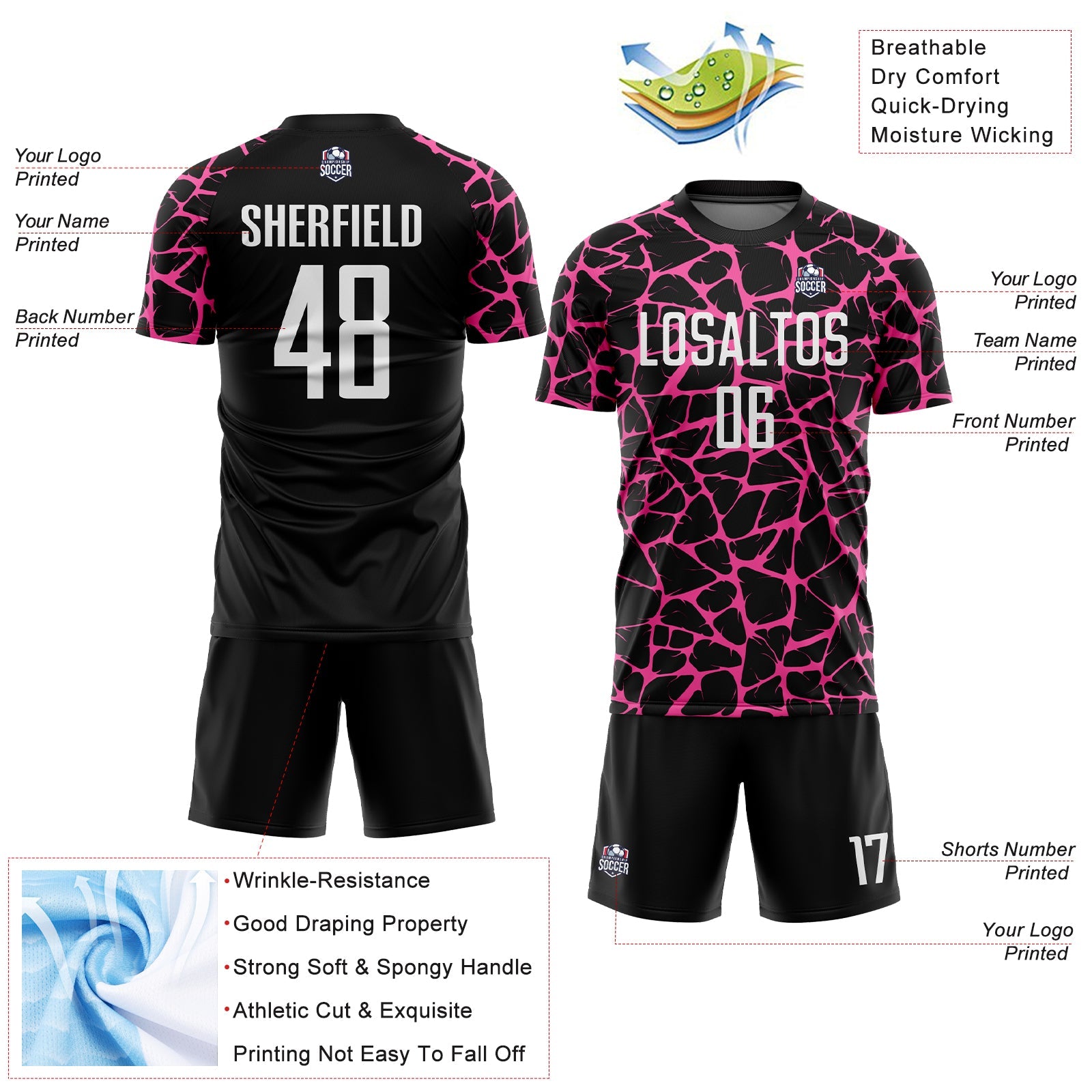 Custom Black White-Pink Abstract Network Splash Sublimation Soccer Uniform Jersey view 4