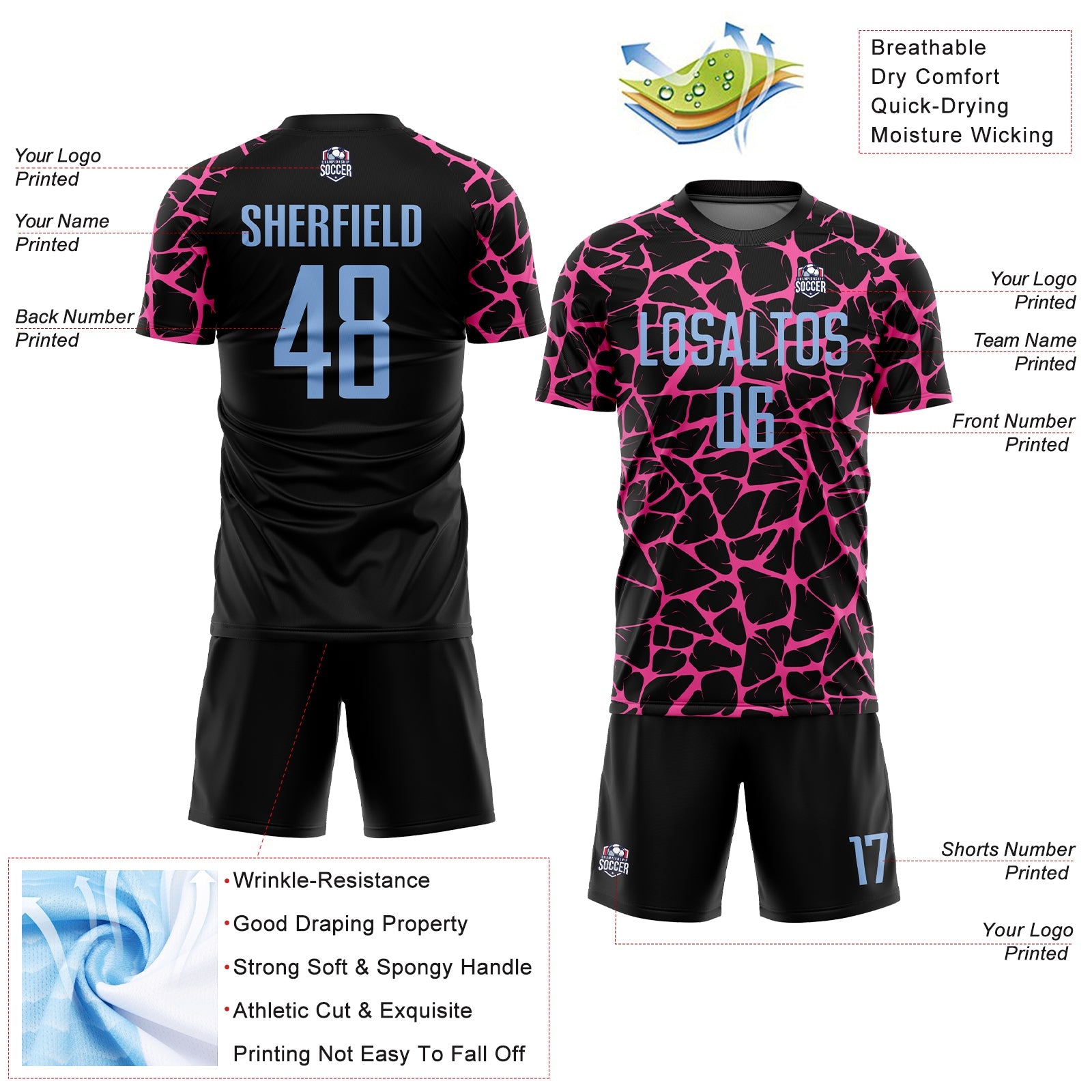 Custom Black Light Blue-Pink Abstract Network Splash Sublimation Soccer Uniform Jersey view 4