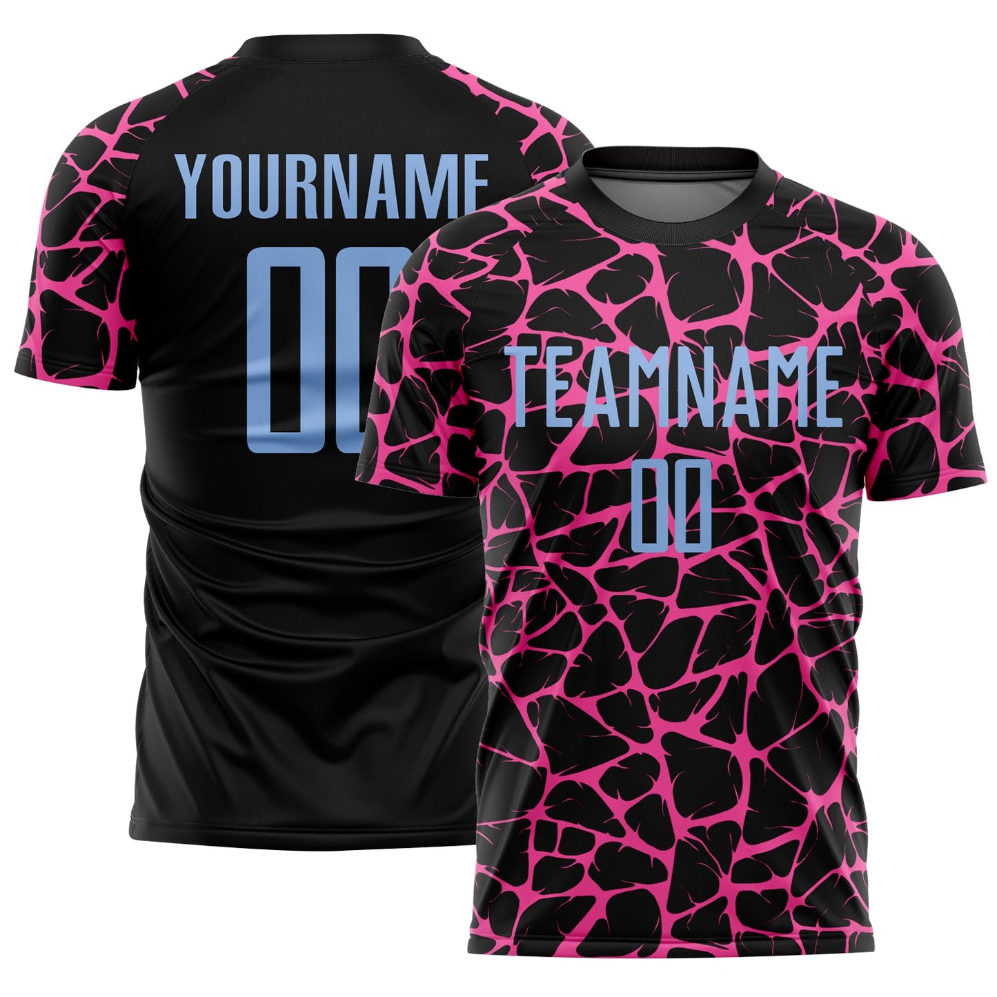 Custom Black Light Blue-Pink Abstract Network Splash Sublimation Soccer Uniform Jersey - Main View