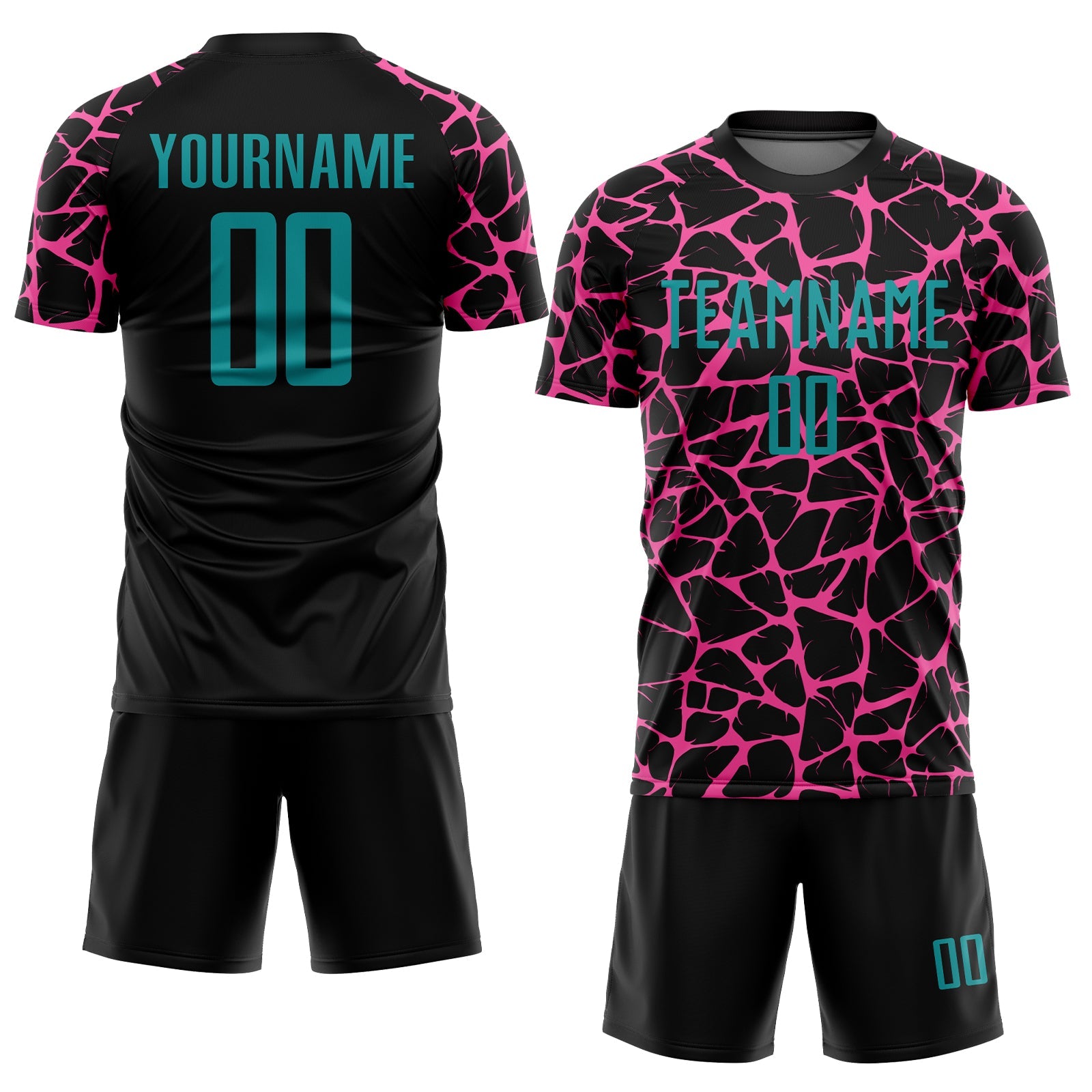 Custom Black Teal-Pink Abstract Network Splash Sublimation Soccer Uniform Jersey view 2