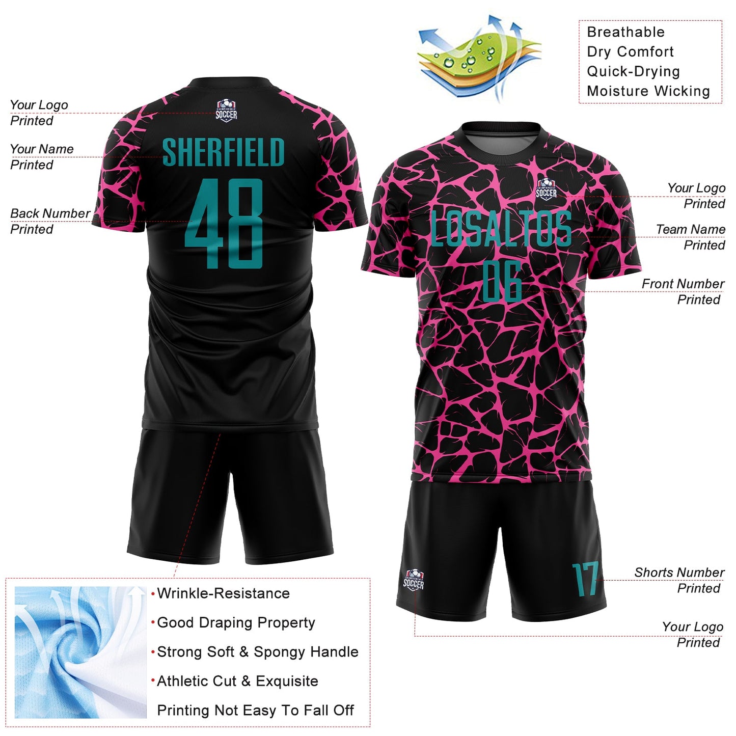 Custom Black Teal-Pink Abstract Network Splash Sublimation Soccer Uniform Jersey view 4