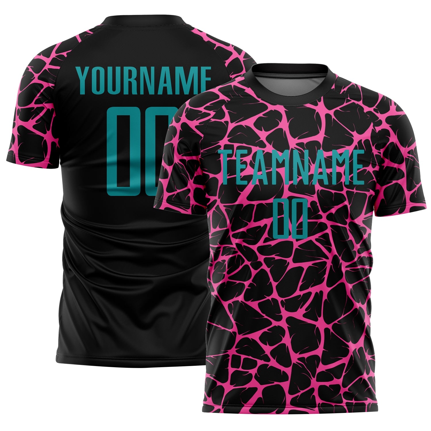 Custom Black Teal-Pink Abstract Network Splash Sublimation Soccer Uniform Jersey - Main View