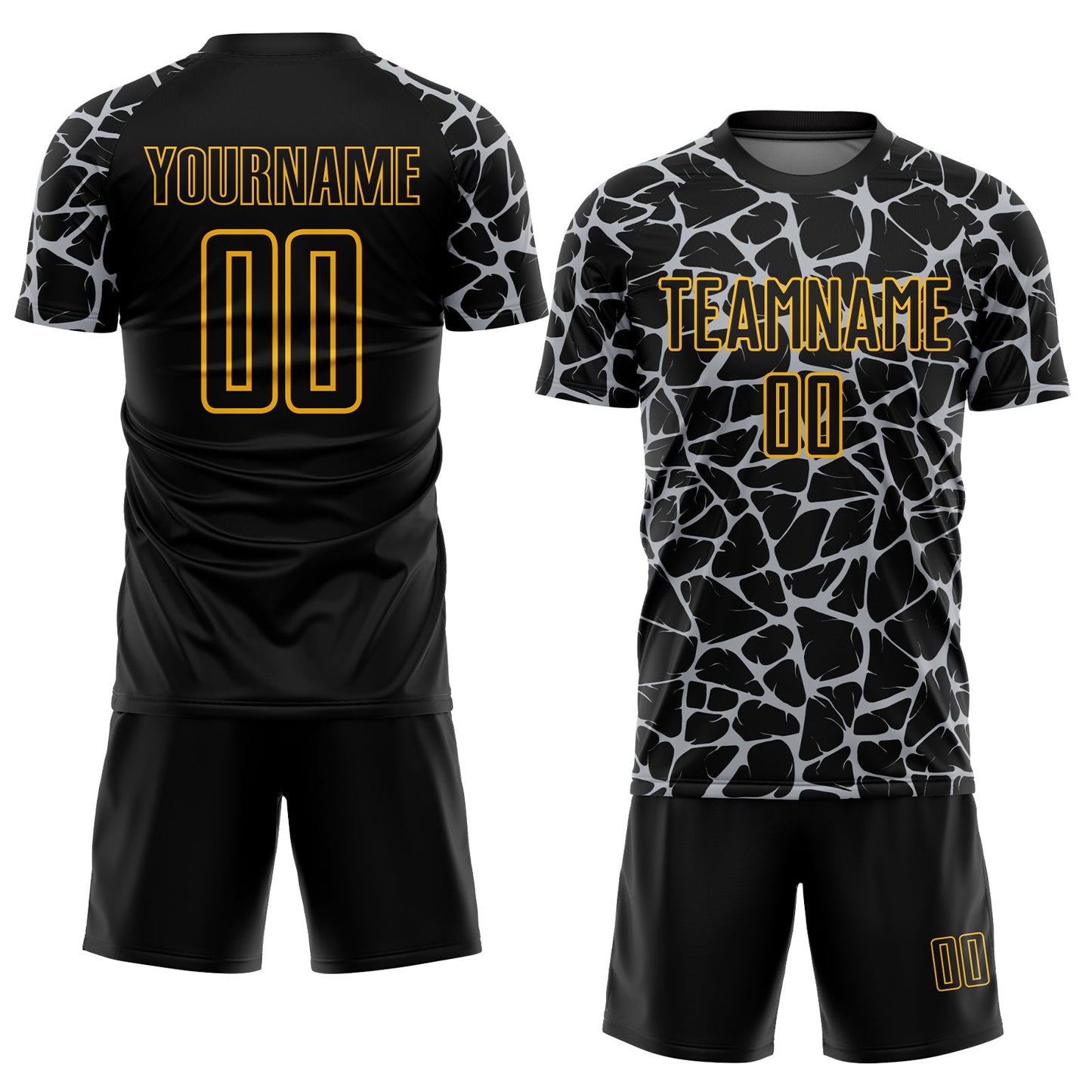 Custom Black Gray-Gold Abstract Network Splash Sublimation Soccer Uniform Jersey view 2