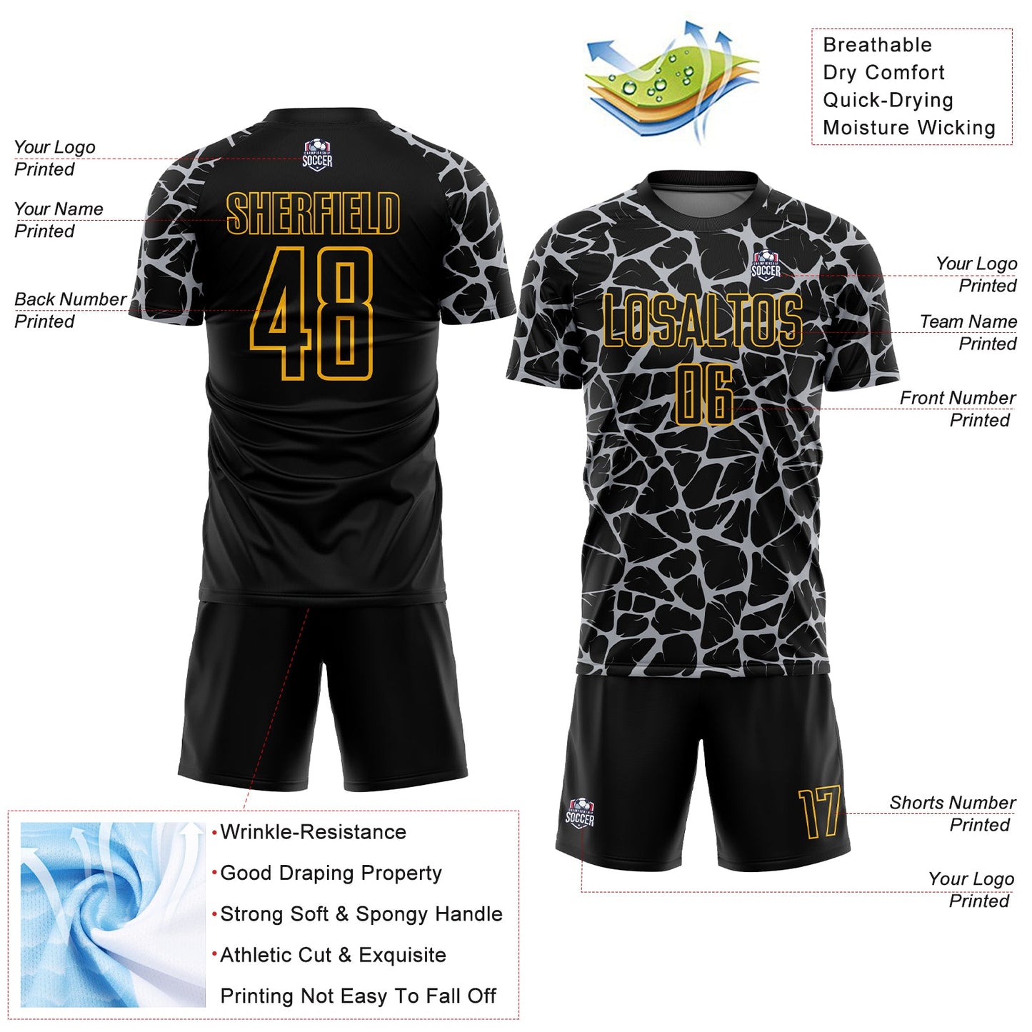 Custom Black Gray-Gold Abstract Network Splash Sublimation Soccer Uniform Jersey view 4
