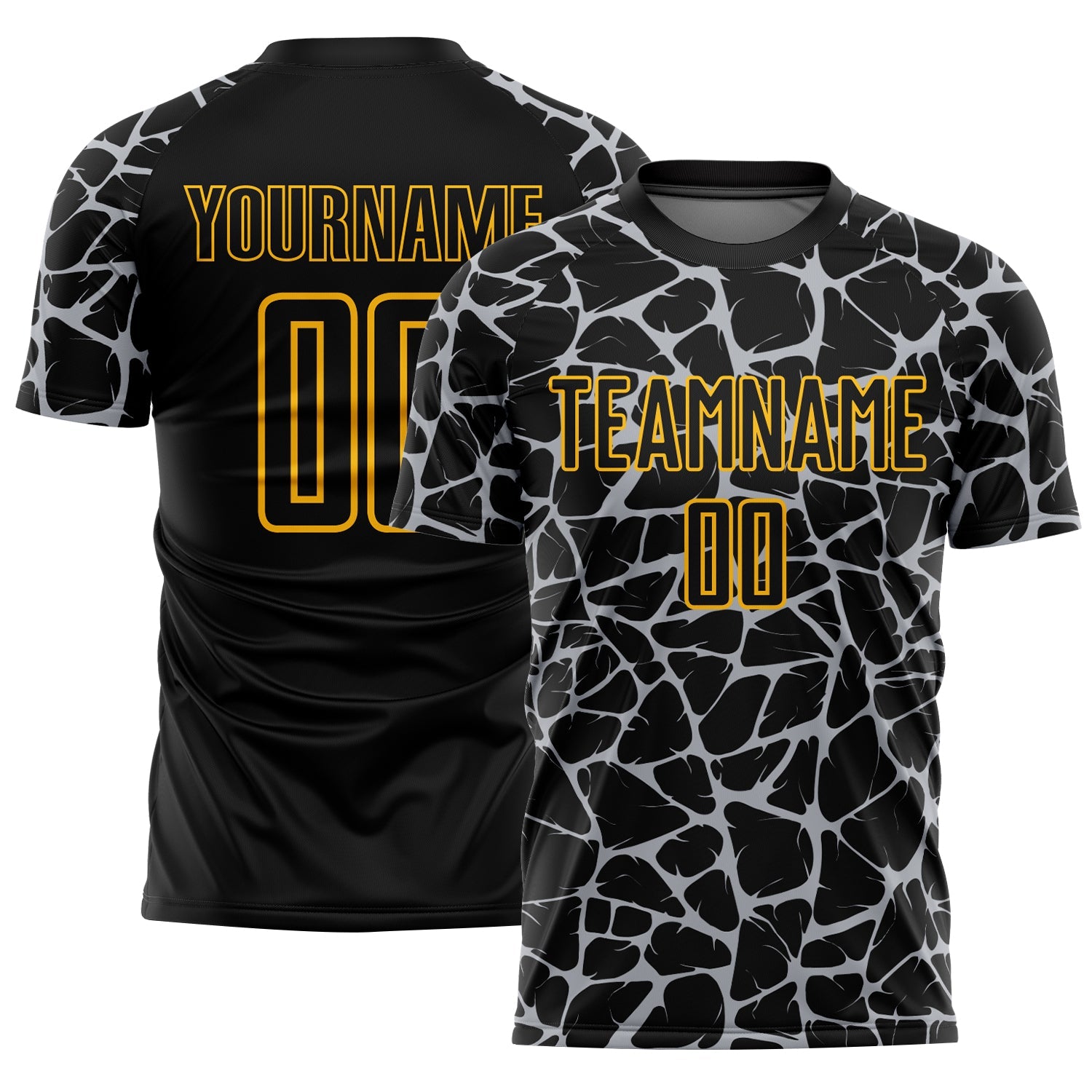 Custom Black Gray-Gold Abstract Network Splash Sublimation Soccer Uniform Jersey - Main View