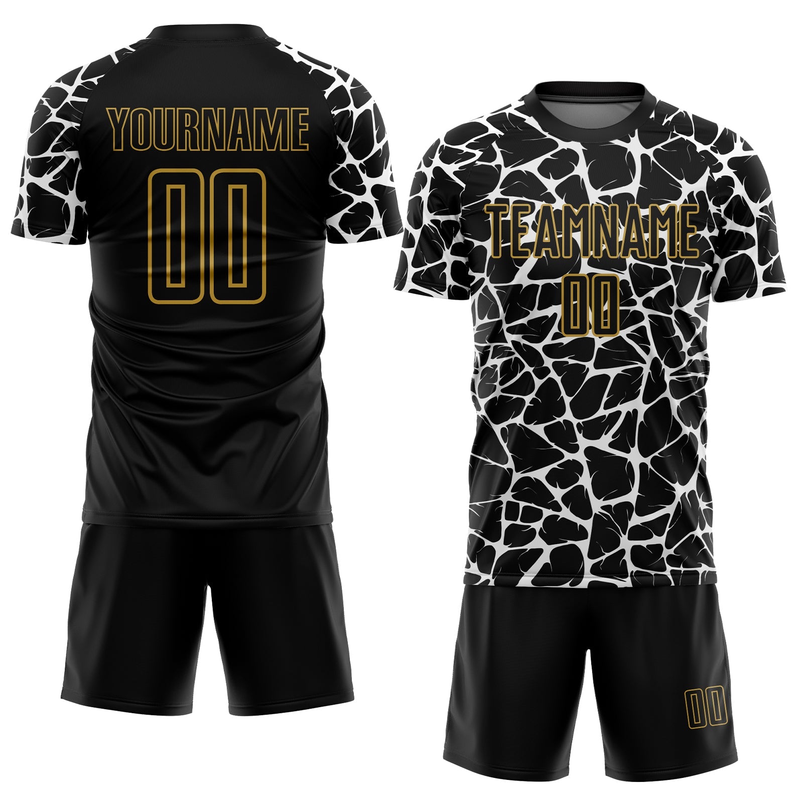 Custom Black White-Old Gold Abstract Network Splash Sublimation Soccer Uniform Jersey view 2