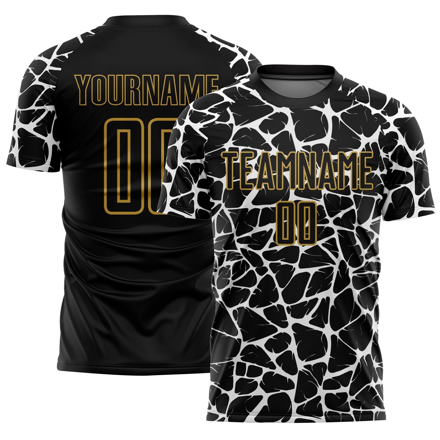 Custom Black White-Old Gold Abstract Network Splash Sublimation Soccer Uniform Jersey - Main View