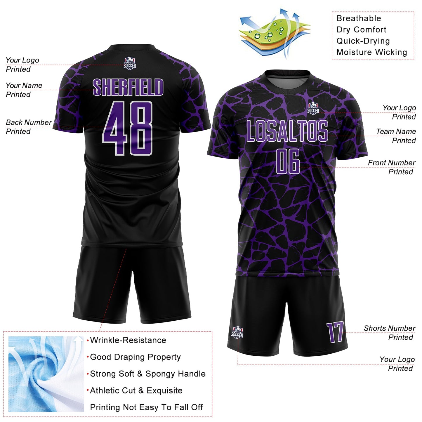 Custom Black Purple-White Abstract Network Splash Sublimation Soccer Uniform Jersey view 4