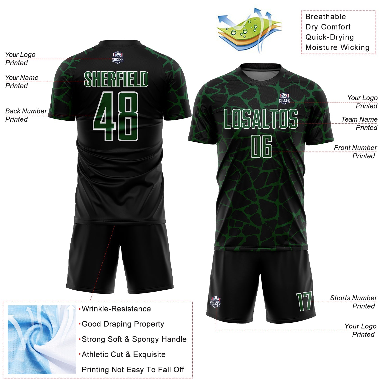 Custom Black Green-White Abstract Network Splash Sublimation Soccer Uniform Jersey view 4
