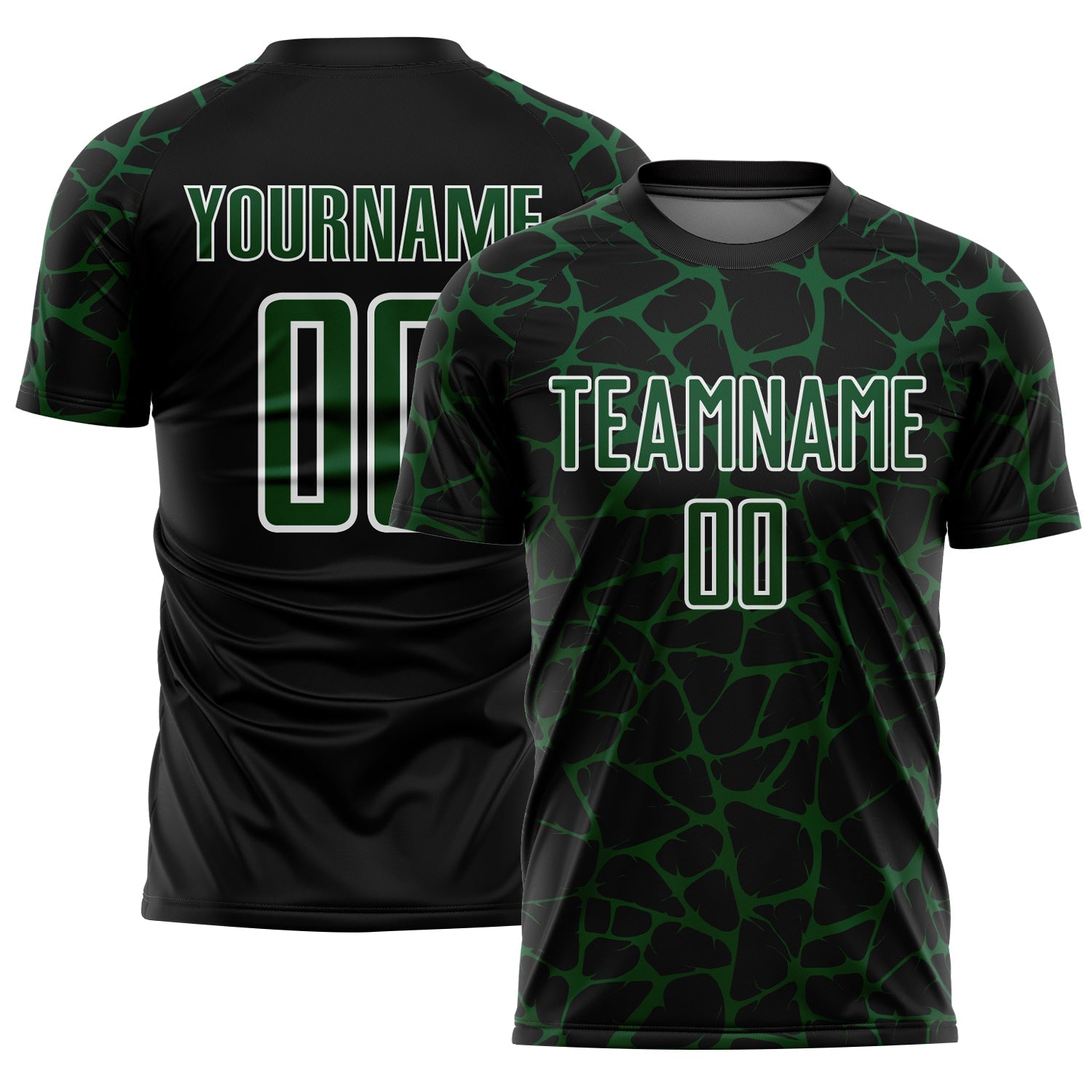 Custom Black Green-White Abstract Network Splash Sublimation Soccer Uniform Jersey - Main View