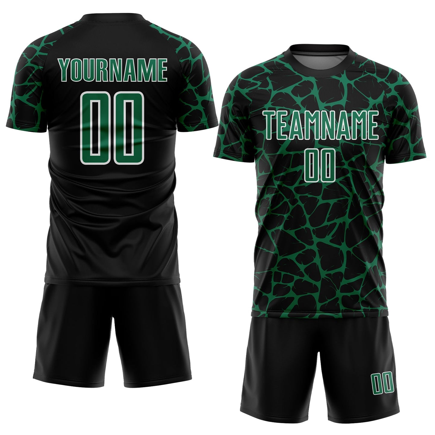 Custom Black Kelly Green-White Abstract Network Splash Sublimation Soccer Uniform Jersey view 2