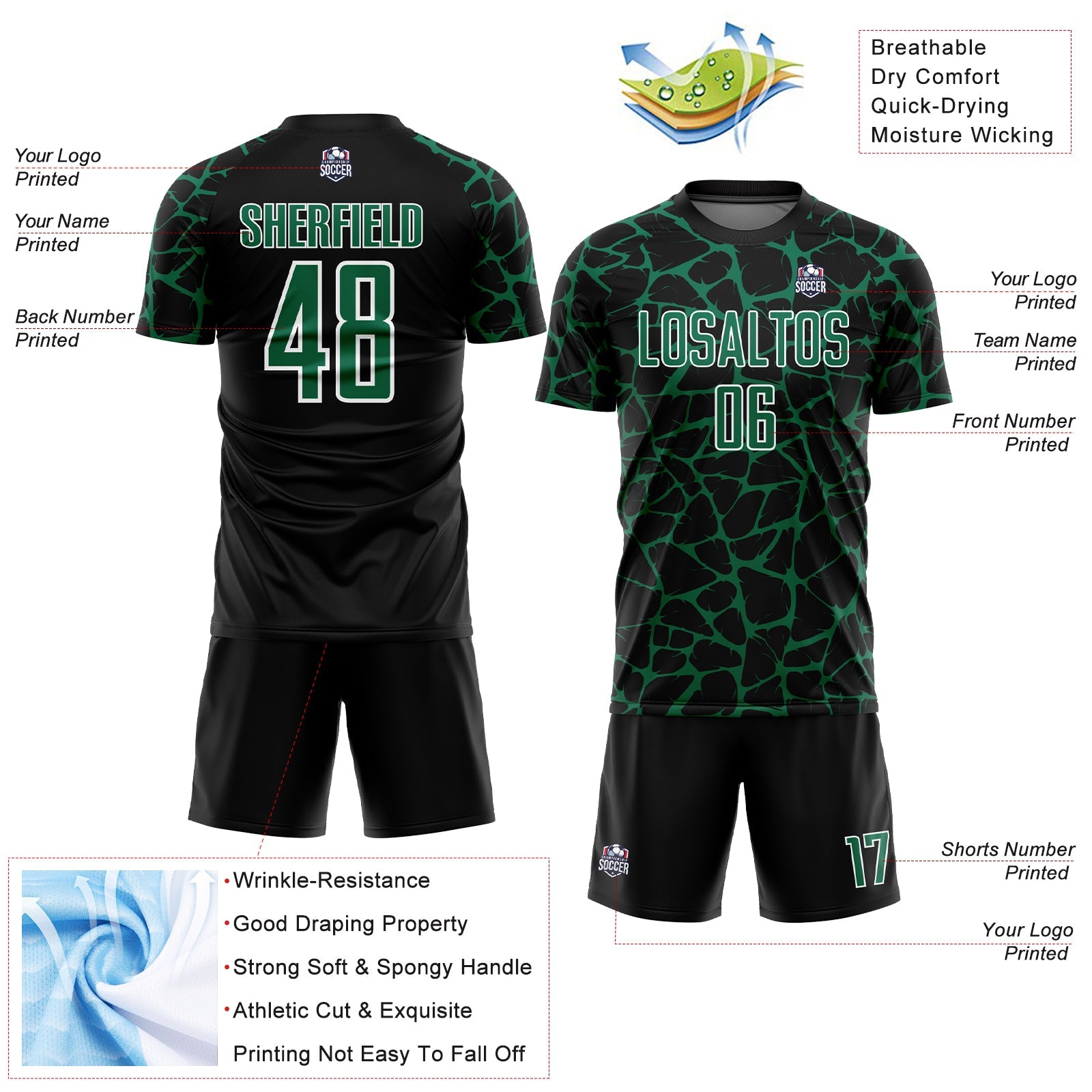 Custom Black Kelly Green-White Abstract Network Splash Sublimation Soccer Uniform Jersey view 4