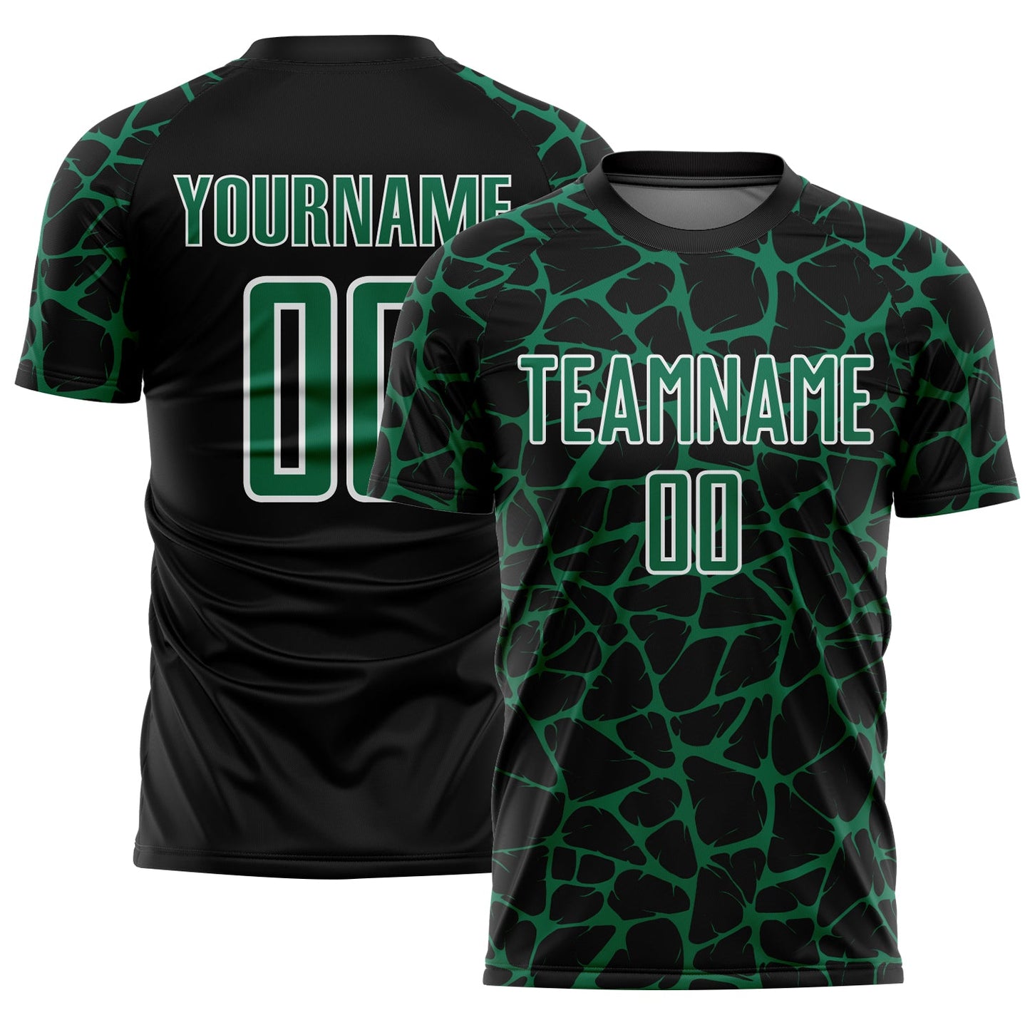 Custom Black Kelly Green-White Abstract Network Splash Sublimation Soccer Uniform Jersey - Main View